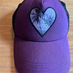 Life Is Good SnapBack Trucker Cap Heart Logo With Palm Trees Purple  ***see